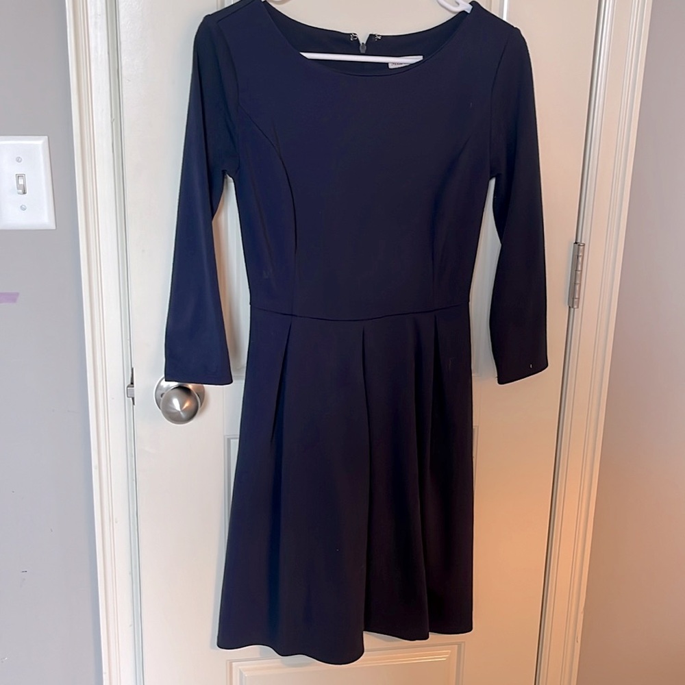 Navy dress with 3/4 length sleeves, fit and flare. Size XS. Merona brand.